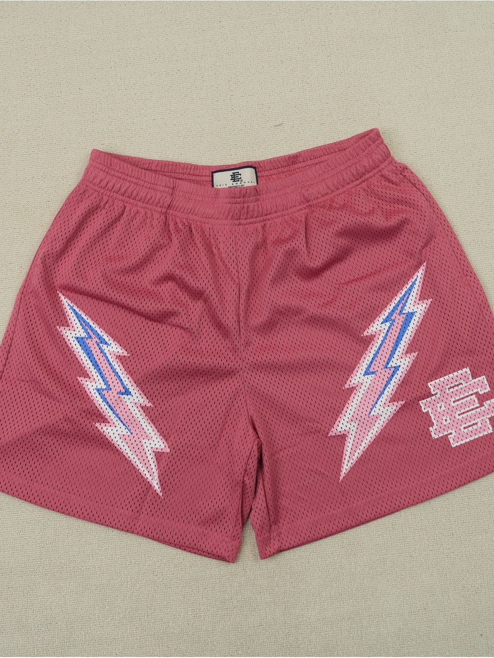 Eric Emanuel Pink Mesh Shorts with Dual Lightning Graphics